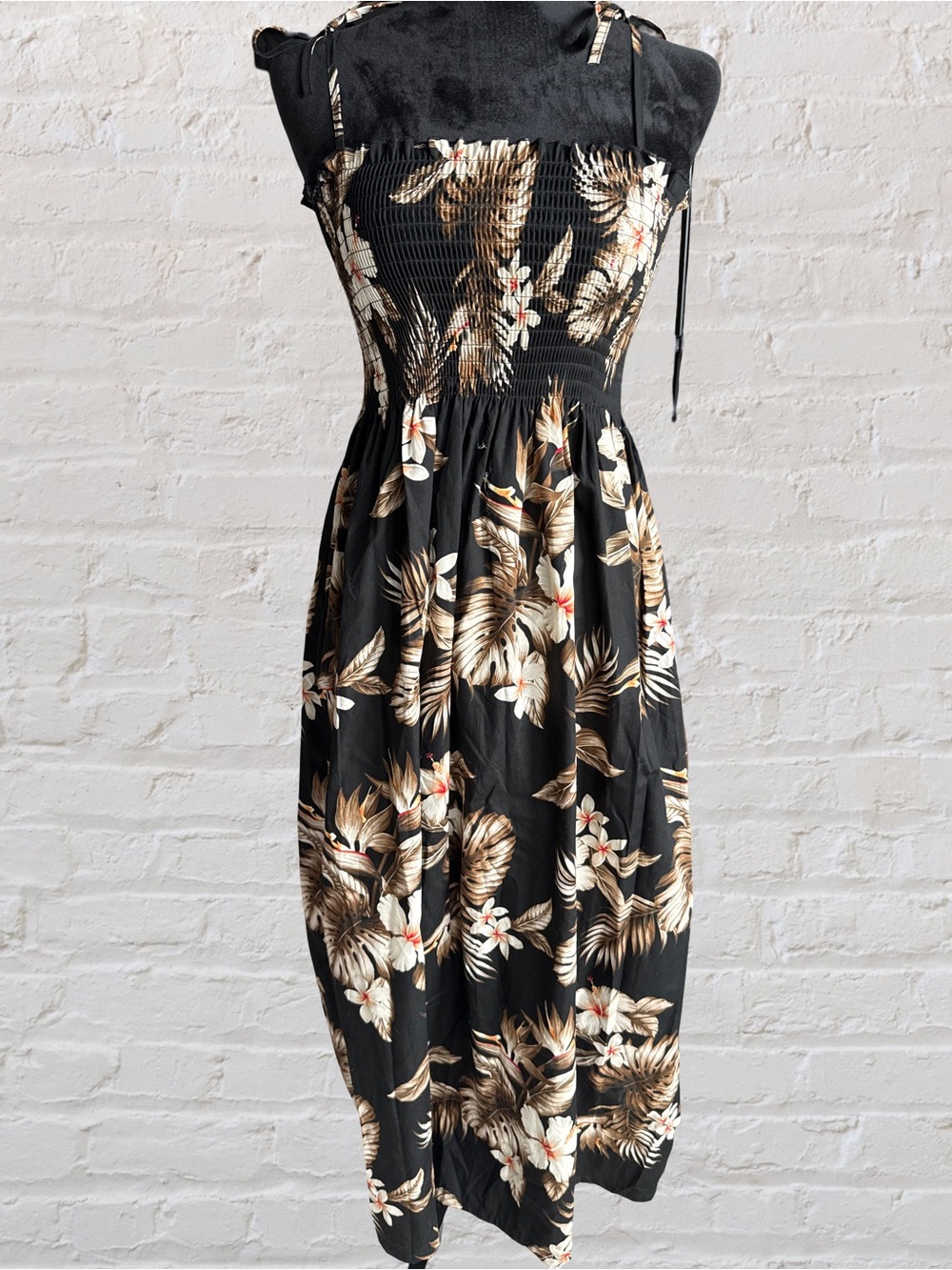 Black Floral Smocked Midi Dress with Tropical Print